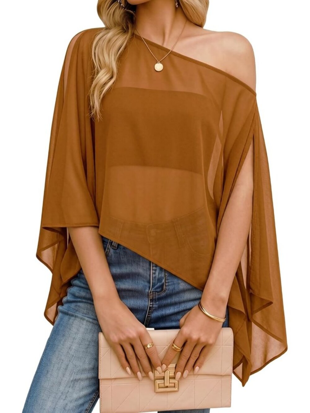 Women's Light Brown Off Shoulder Chiffon Batwing Slit Sleeve Sheer Loose Blouse
